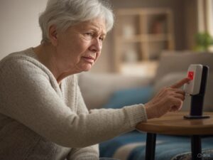Seniorin mit Notfallknopf